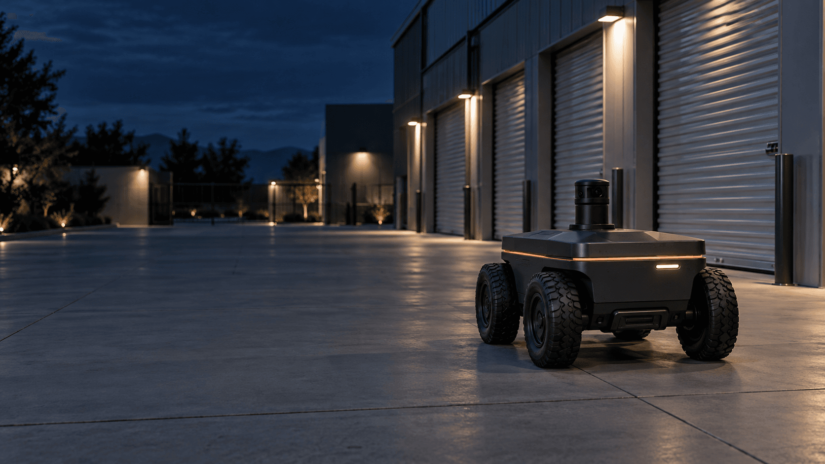 Concept of a compact ground patrol robot outside a self-storage facility at dusk